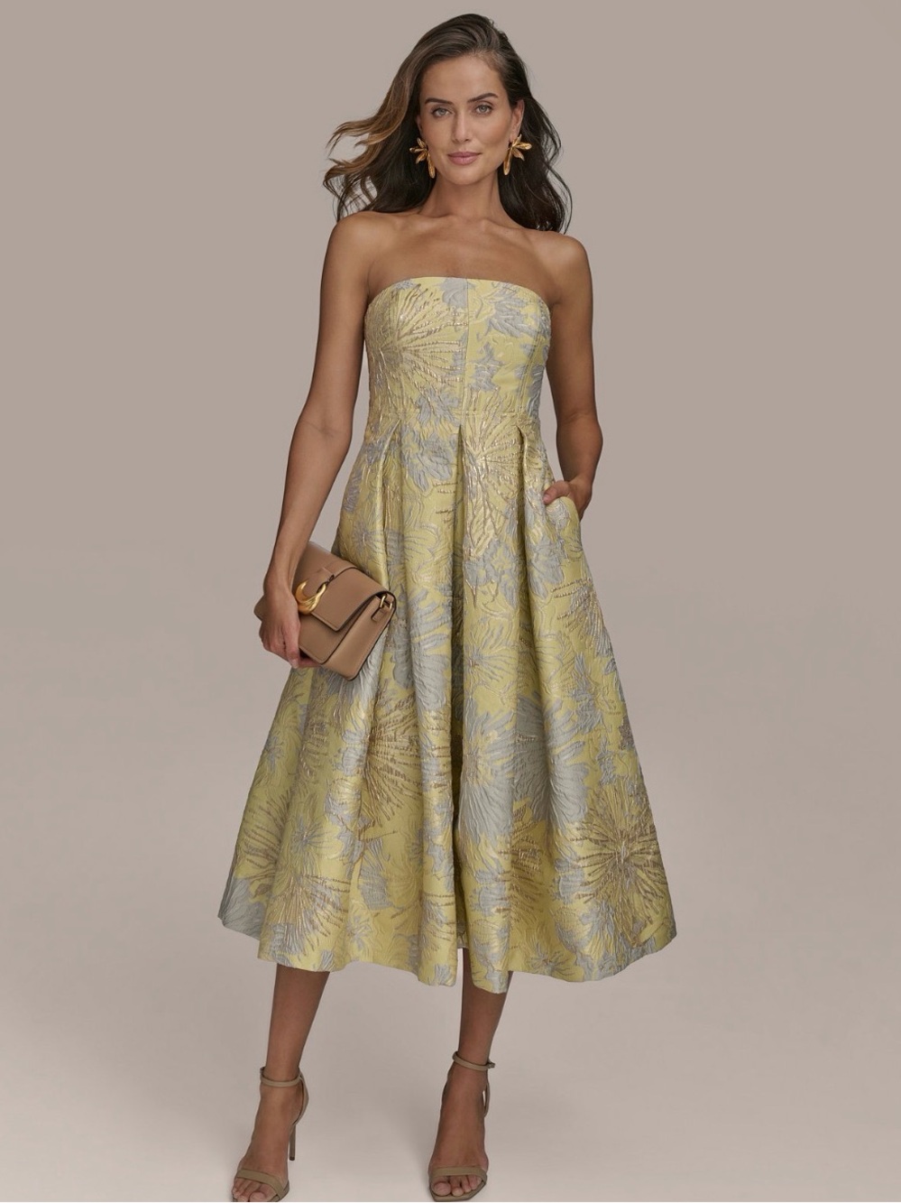 Donna Karan Yellow & Silver Strapless Floral Jacquard Midi Dress Size 8 $329 New